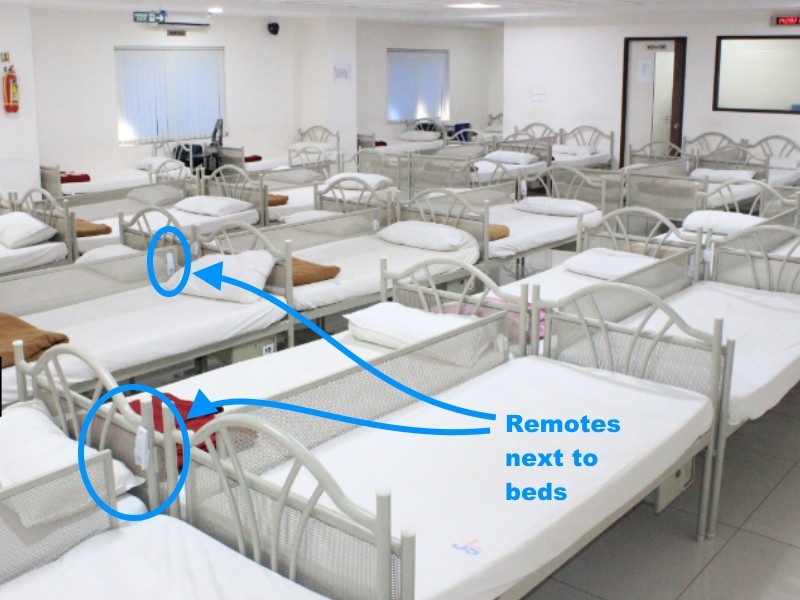 Multi-Bed Remote Installation - Multiple patient remotes deployed across ward beds with unique room number programming.